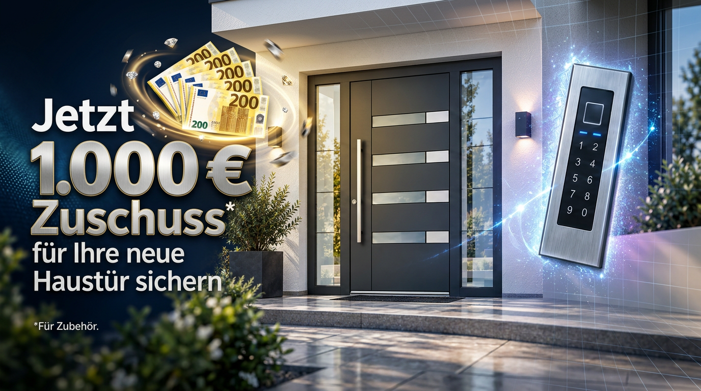 1.000 € Zuschuss für Zubehör zur neuen Haustür – Motiv mit Haustür und Zutrittssystem