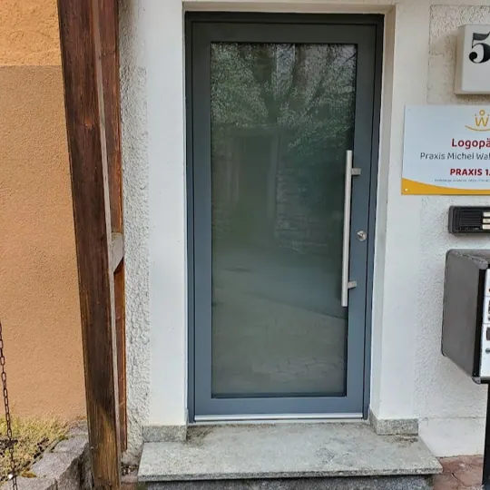 Aluminium-Eingangstür mit großzügigem Ganzglas-Einblickfeld in RAL 7031 Blaugrau