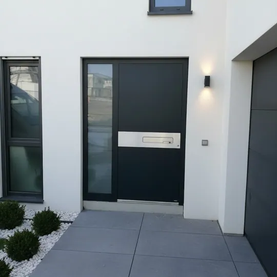 Anthrazitfarbene Haustür mit Edelstahl-Bandgriff